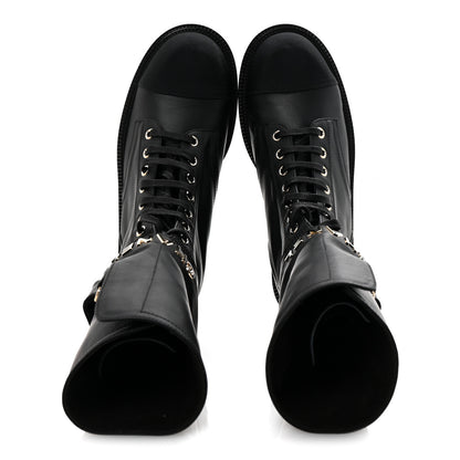 Chanel Shiny Calfskin Lace Up Combat Boots 38 Black 2 of 9