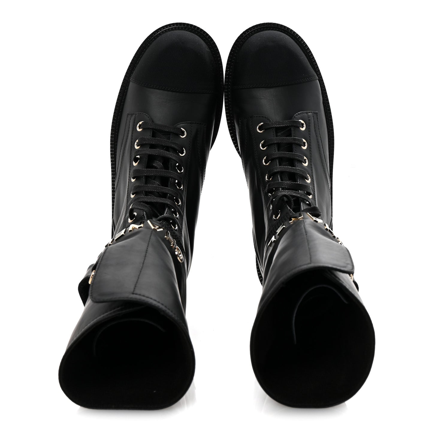Shiny Calfskin Lace Up Combat Boots 38 Black