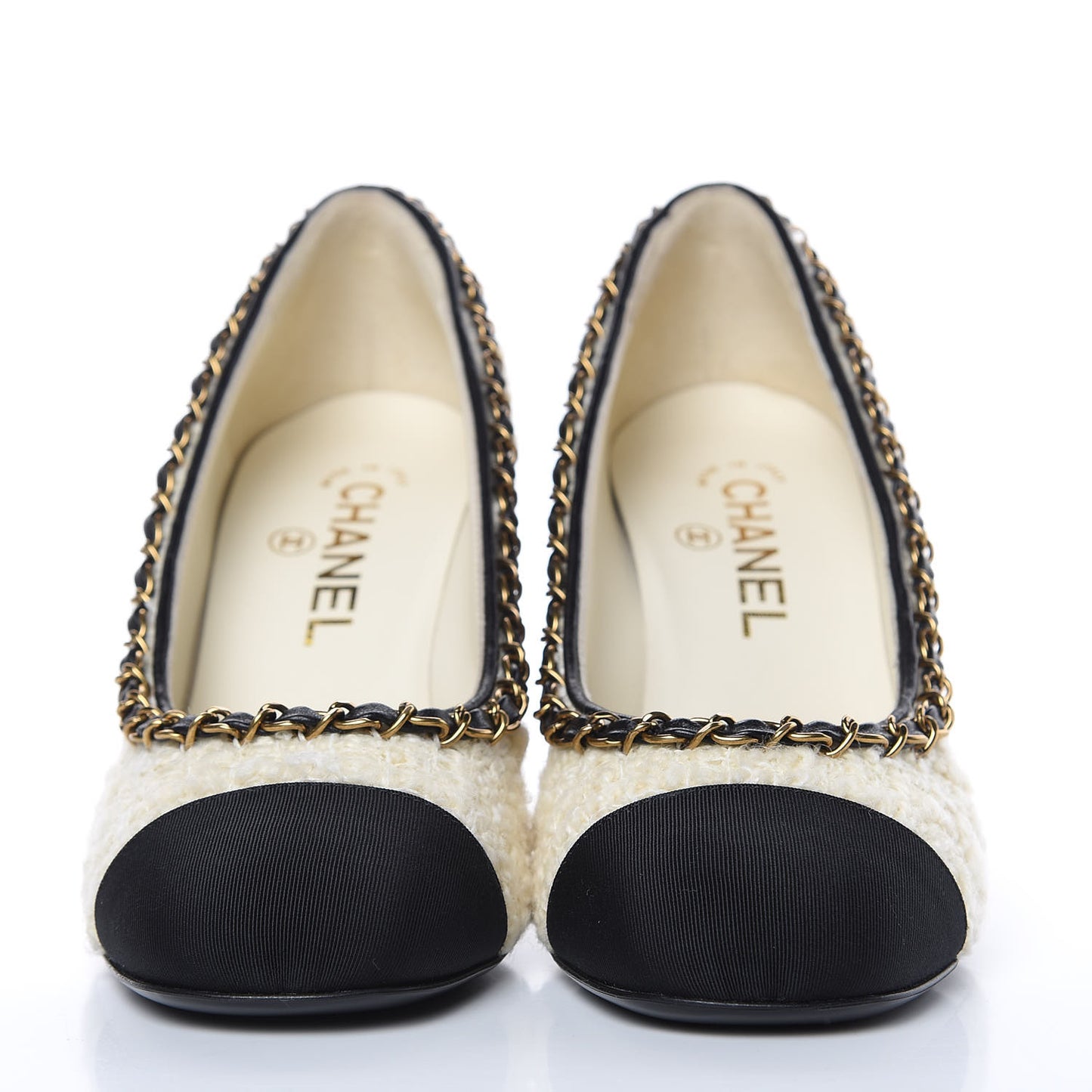 Tweed Grosgrain Chain Cap Toe Pumps 36 Ivory Black