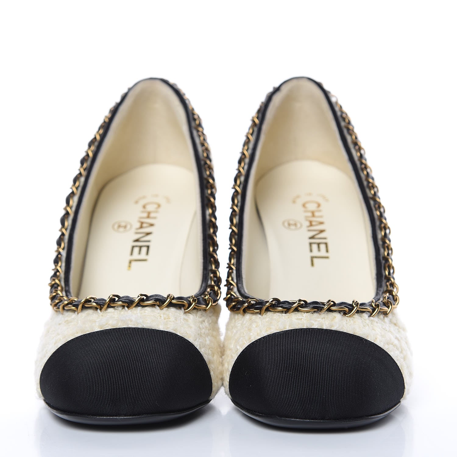 Chanel Tweed Grosgrain Chain Cap Toe Pumps 36 Ivory Black 2 of 9