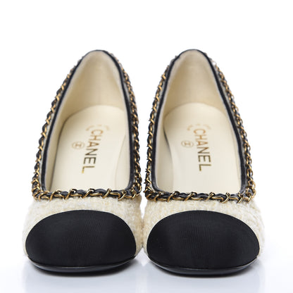 Chanel Tweed Grosgrain Chain Cap Toe Pumps 36 Ivory Black 2 of 9