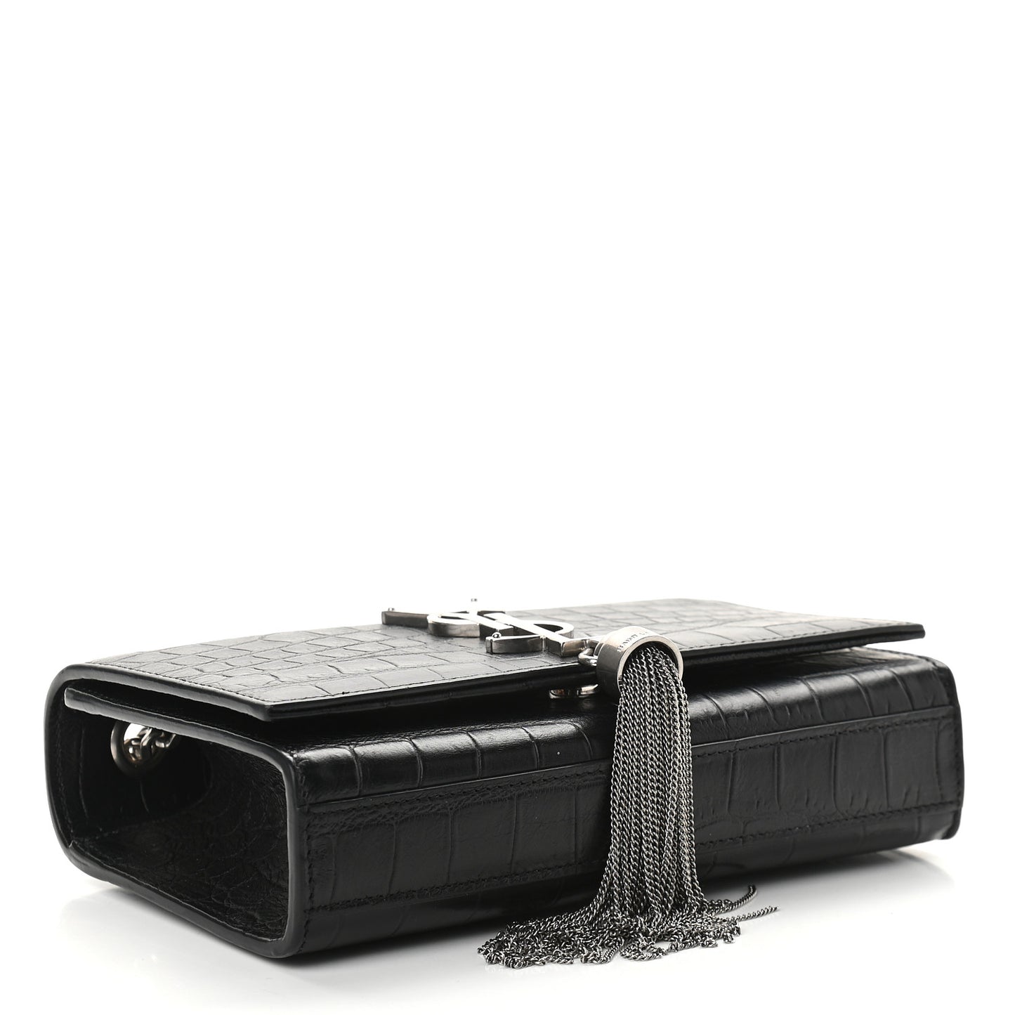 Calfskin Crocodile Embossed Small Classic Monogram Kate Tassel Satchel Black
