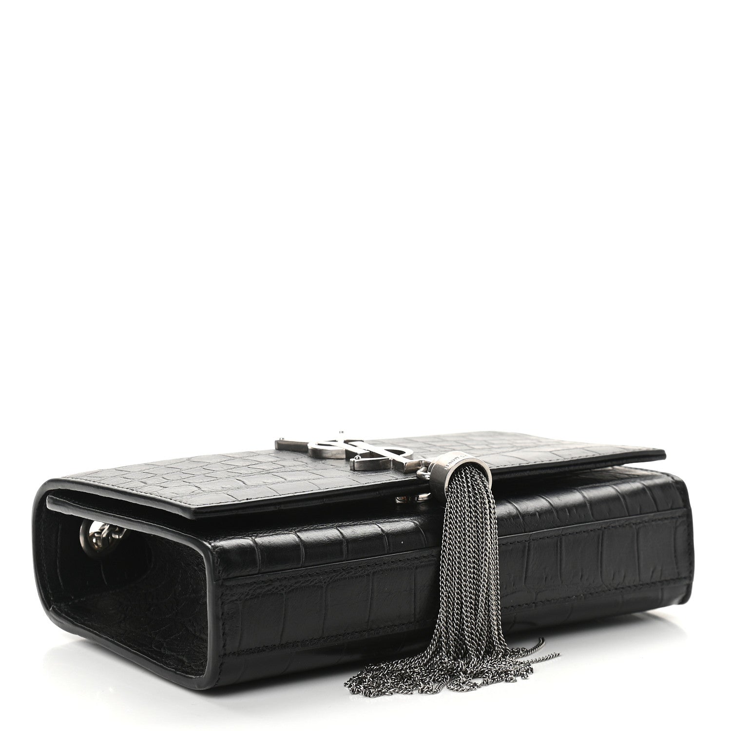 Saint Laurent Calfskin Crocodile Embossed Small Classic Monogram Kate Tassel Satchel Black 4 of 8