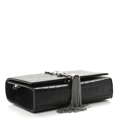Saint Laurent Calfskin Crocodile Embossed Small Classic Monogram Kate Tassel Satchel Black 4 of 8