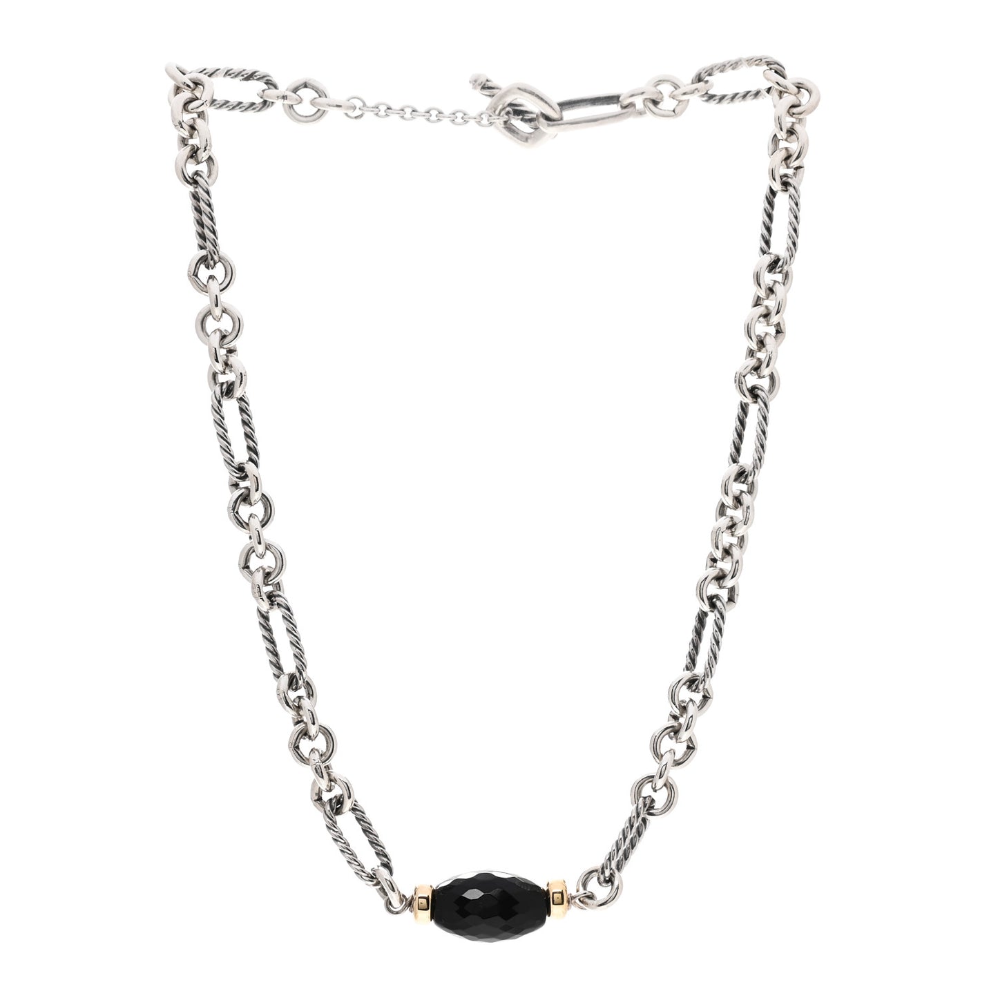 Sterling Silver 18K Yellow Gold Black Onyx Figaro Chain Station Necklace