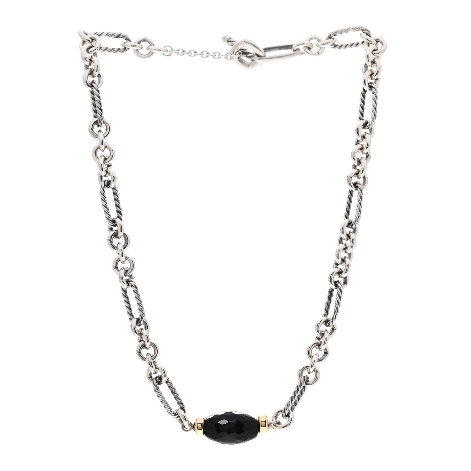 David Yurman Sterling Silver 18K Yellow Gold Black Onyx Figaro Chain Station Necklace 3 of 4