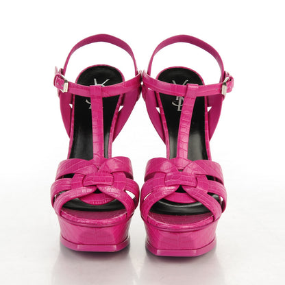 Saint Laurent Calfskin Crocodile Embossed Tribute 105 Platform Sandals 41 Fuchsia Heroine 2 of 8