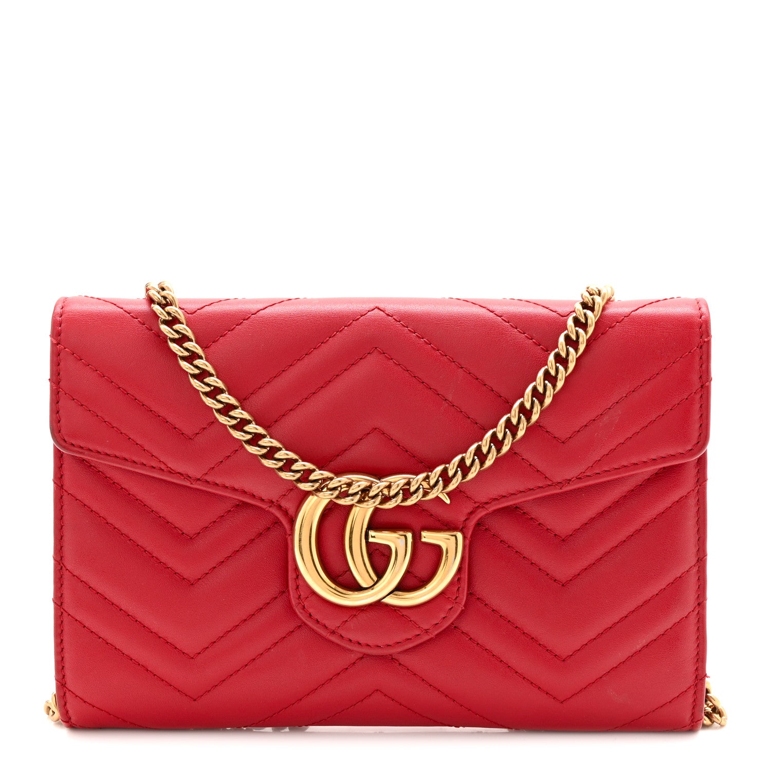 Gucci Calfskin Matelasse Mini GG Marmont Chain Wallet Hibiscus Red 1 of 11