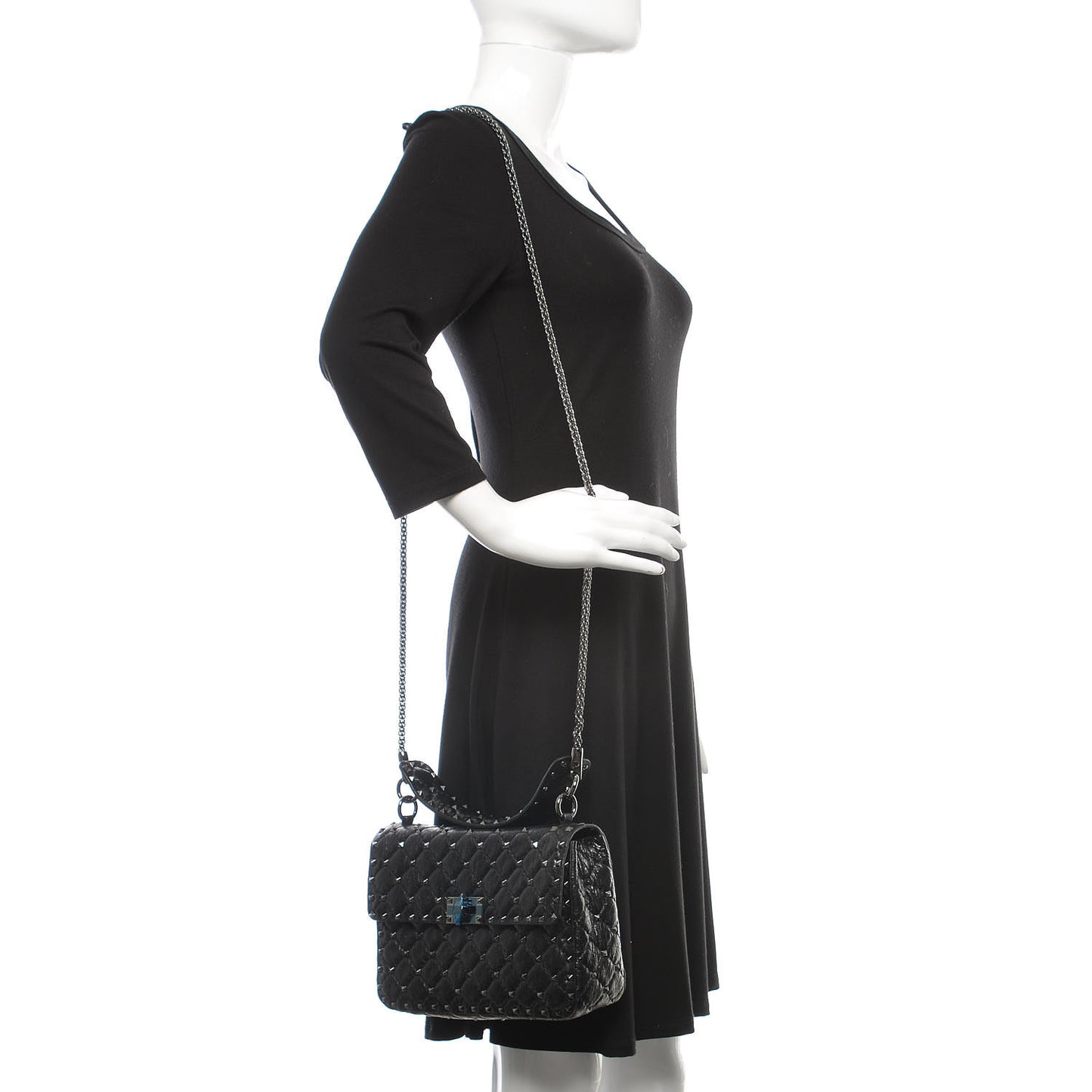 Craquele Nappa Medium Rockstud Spike Shoulder Bag Black
