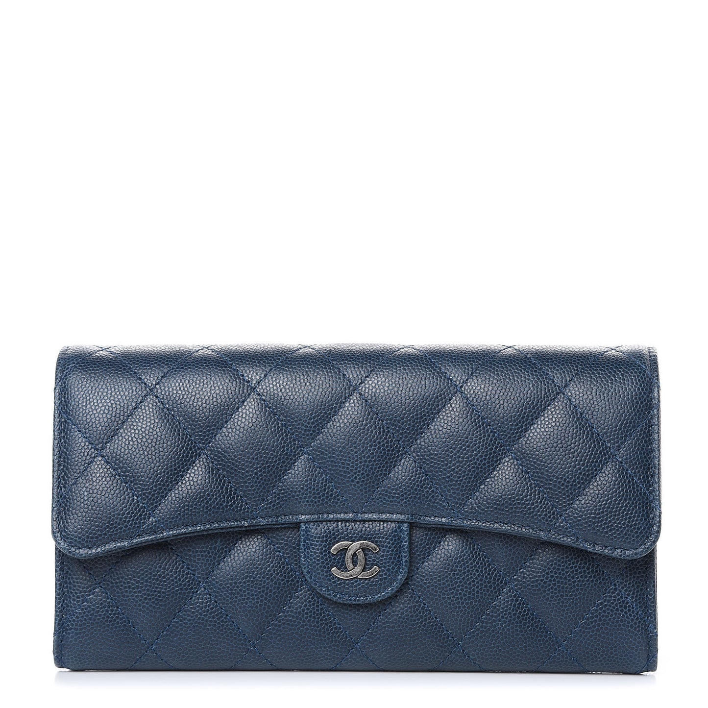 Caviar Quilted Large Gusset Flap Wallet Navy