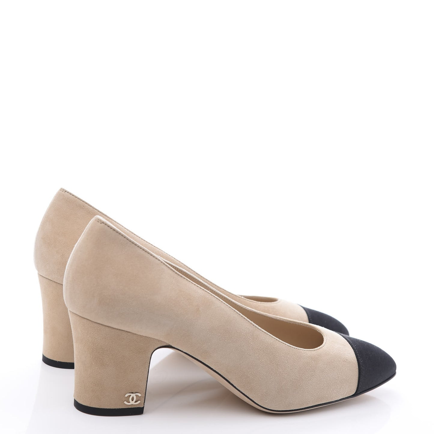 Suede Satin Cap Toe Low Heel Pumps 39.5 Beige Black
