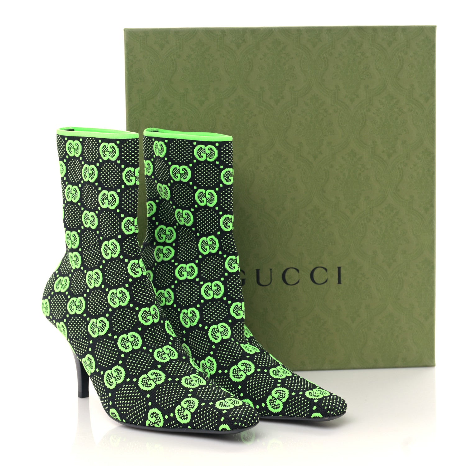 Gucci Technical Jersey Knit GG Monogram Square G 75mm Ankle Boots 39 Black Neon Green 8 of 8
