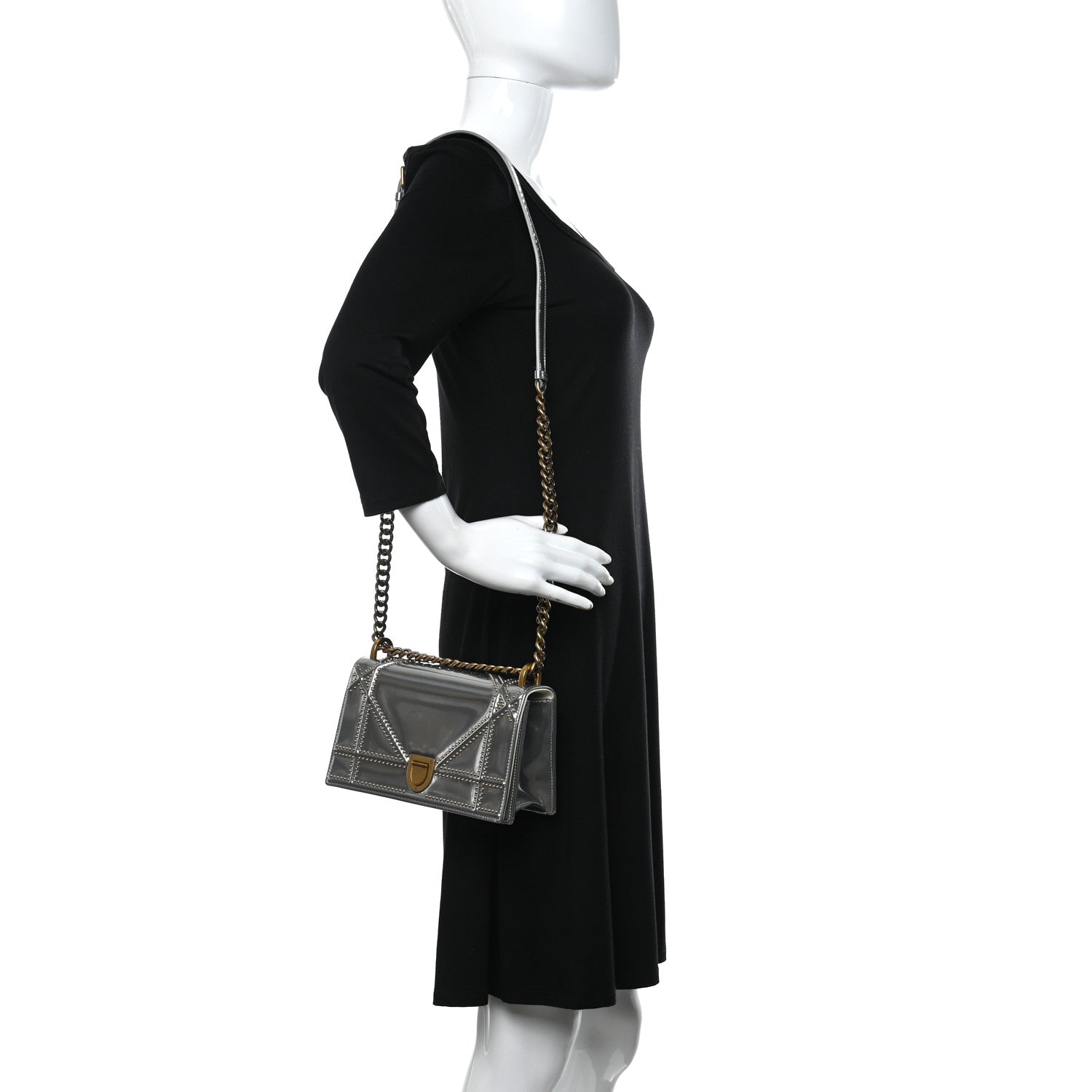 Christian Dior Metallic Patent Studded Small Diorama Flap Bag Silver 2 of 10