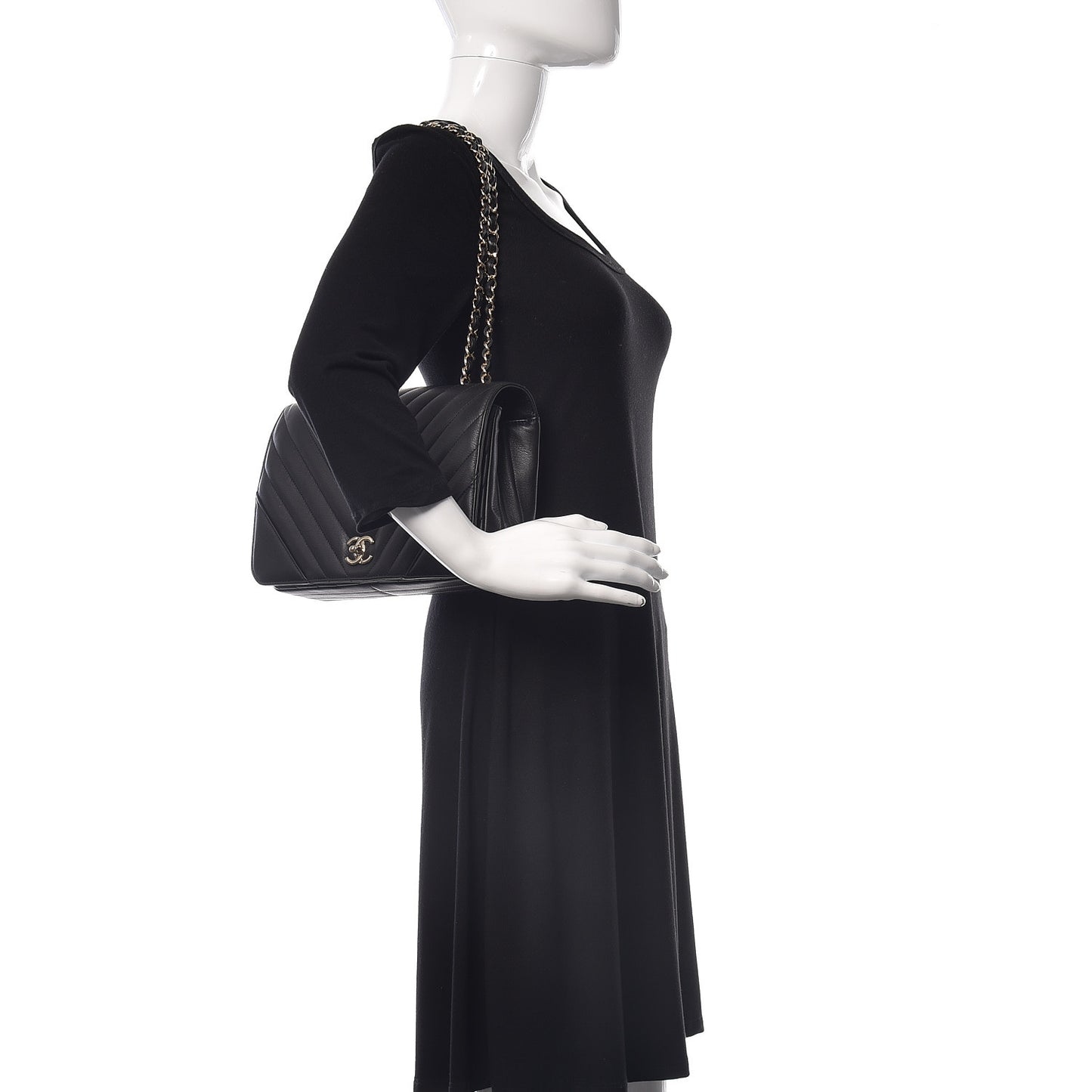 Calfskin Chevron Quilted Large Statement Flap Black