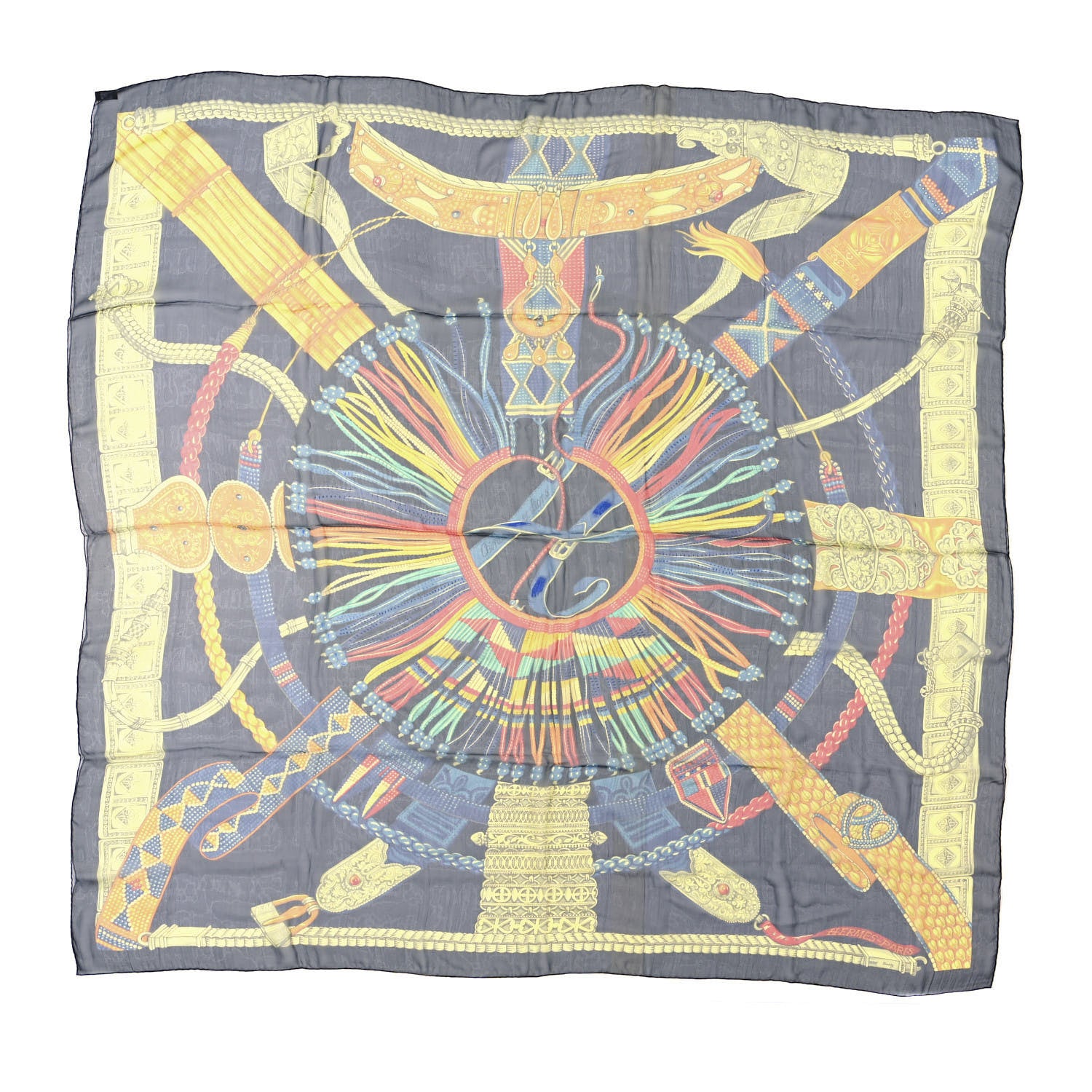 Hermes Silk Ceintures et Liens Shawl 140 Citron Black Rouge 1 of 3