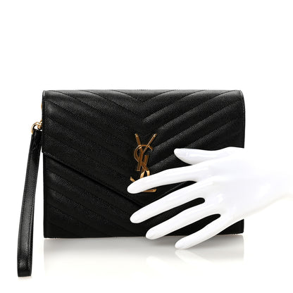 Saint Laurent Grain De Poudre Matelasse Chevron Monogram Envelope Clutch Black 2 of 7