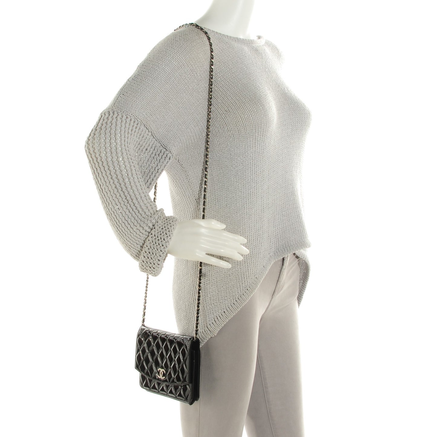 Patent Quilted Brilliant Wallet On Chain WOC Black