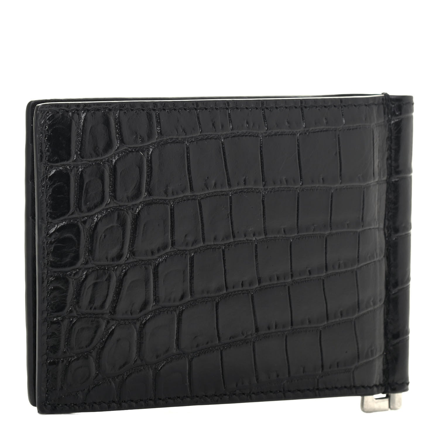 Saint Laurent Calfskin Crocodile Embossed Bill Clip Card Case Black 2 of 4