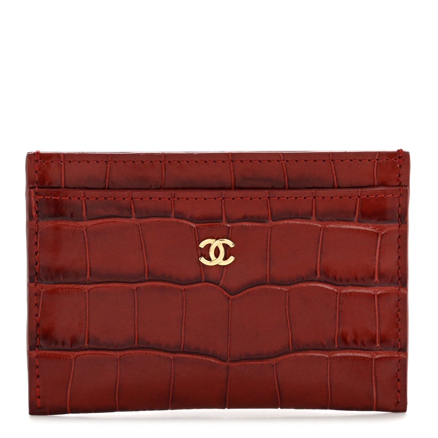 Chanel Calfskin Crocodile Embossed Card Holder Burgundy 1 of 8