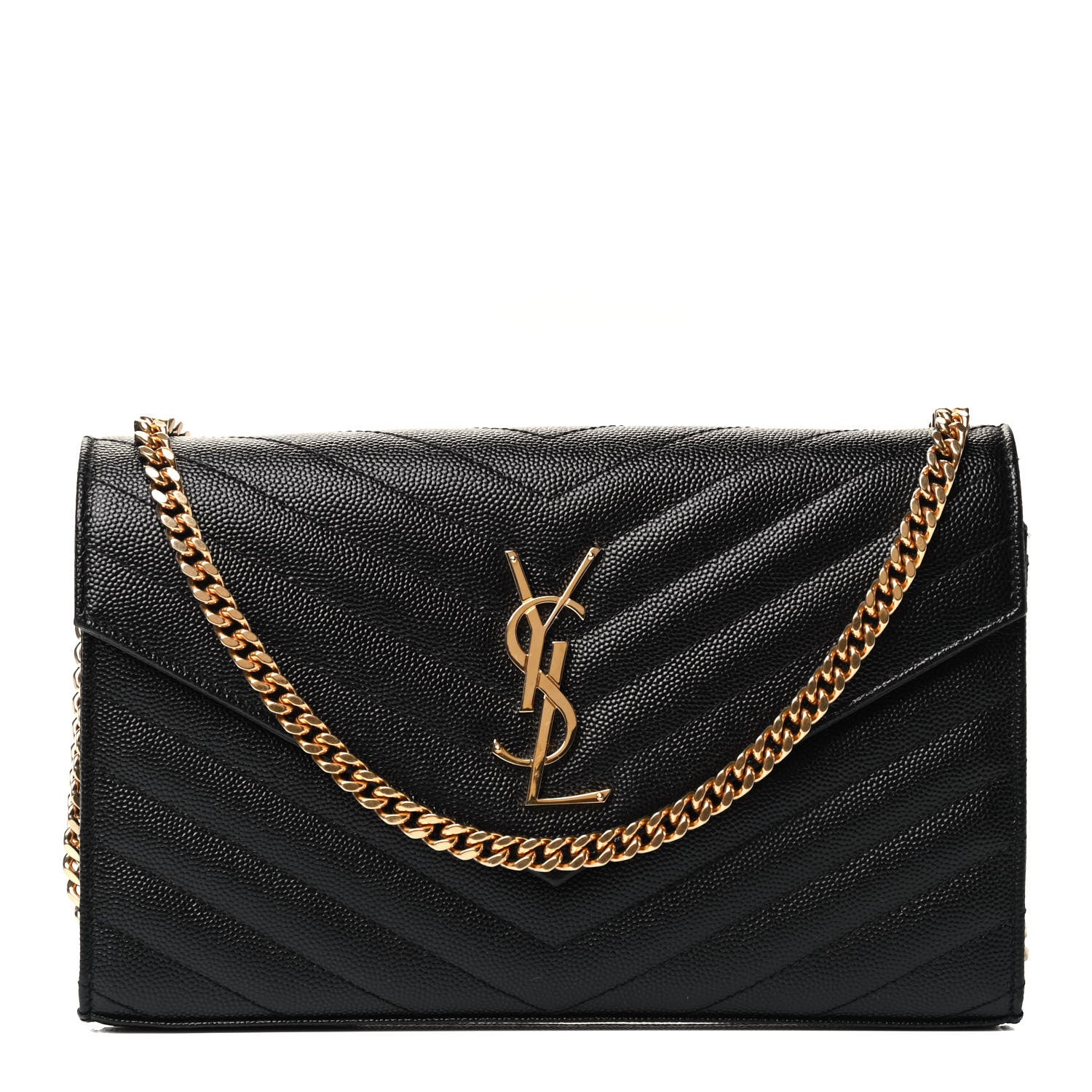 Saint Laurent Grain De Poudre Matelasse Chevron Monogram Chain Wallet Black 1 of 4
