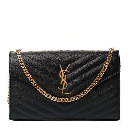 Saint Laurent Grain De Poudre Matelasse Chevron Monogram Chain Wallet Black 1 of 4