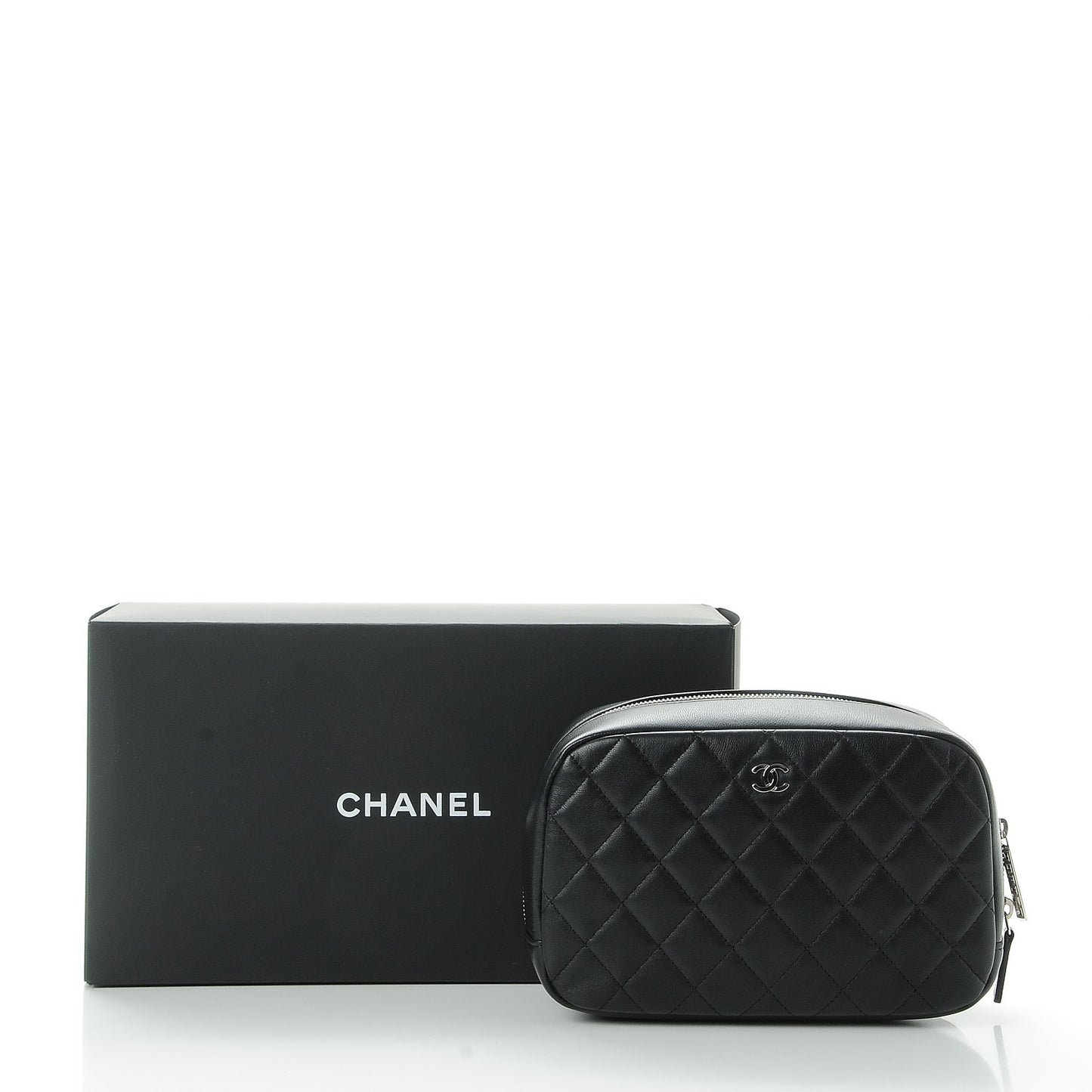 Lambskin Quilted Medium Curvy Pouch Cosmetic Case Black