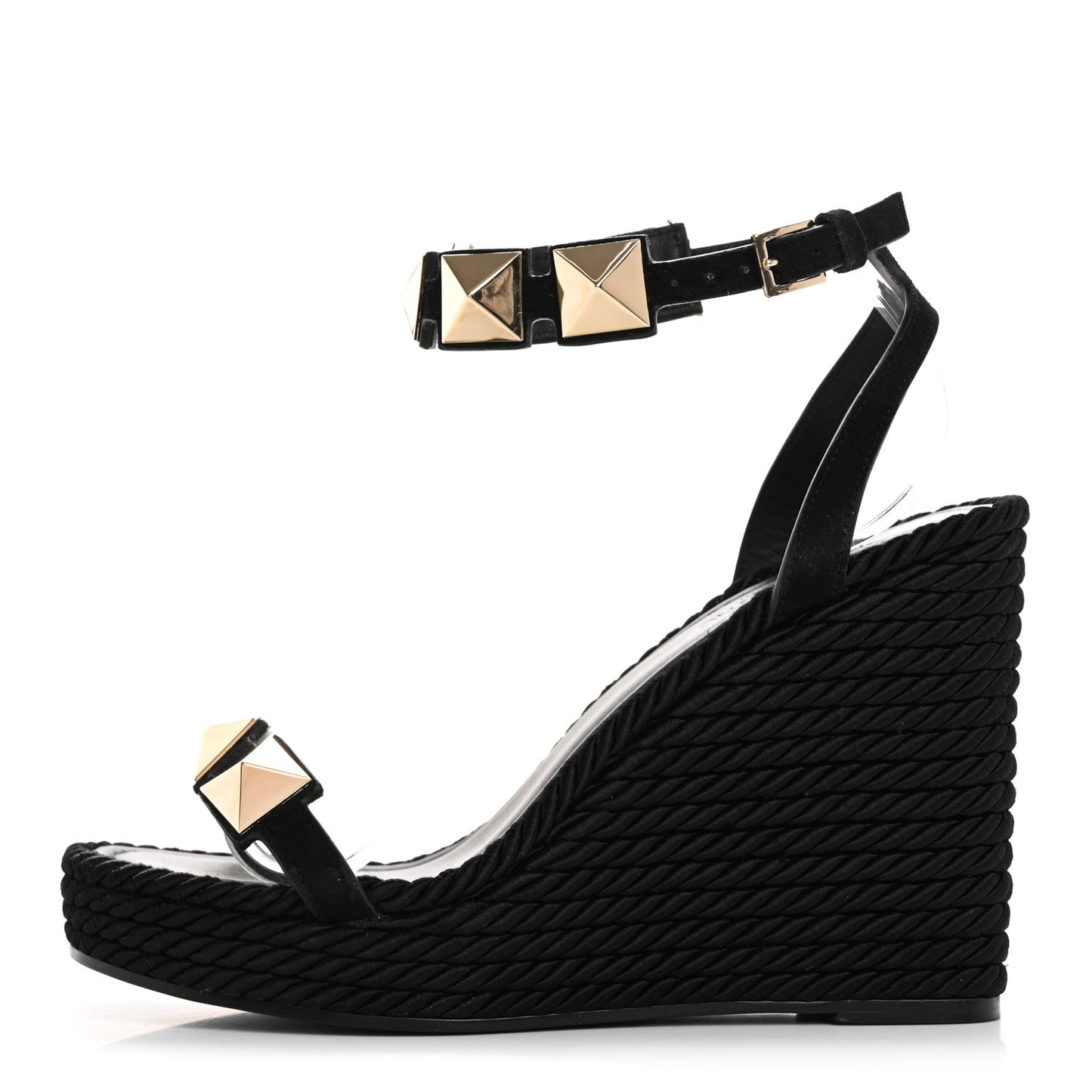 Suede Calfskin Roman Stud Espadrille Wedge Ankle Wrap Sandals 38 Black