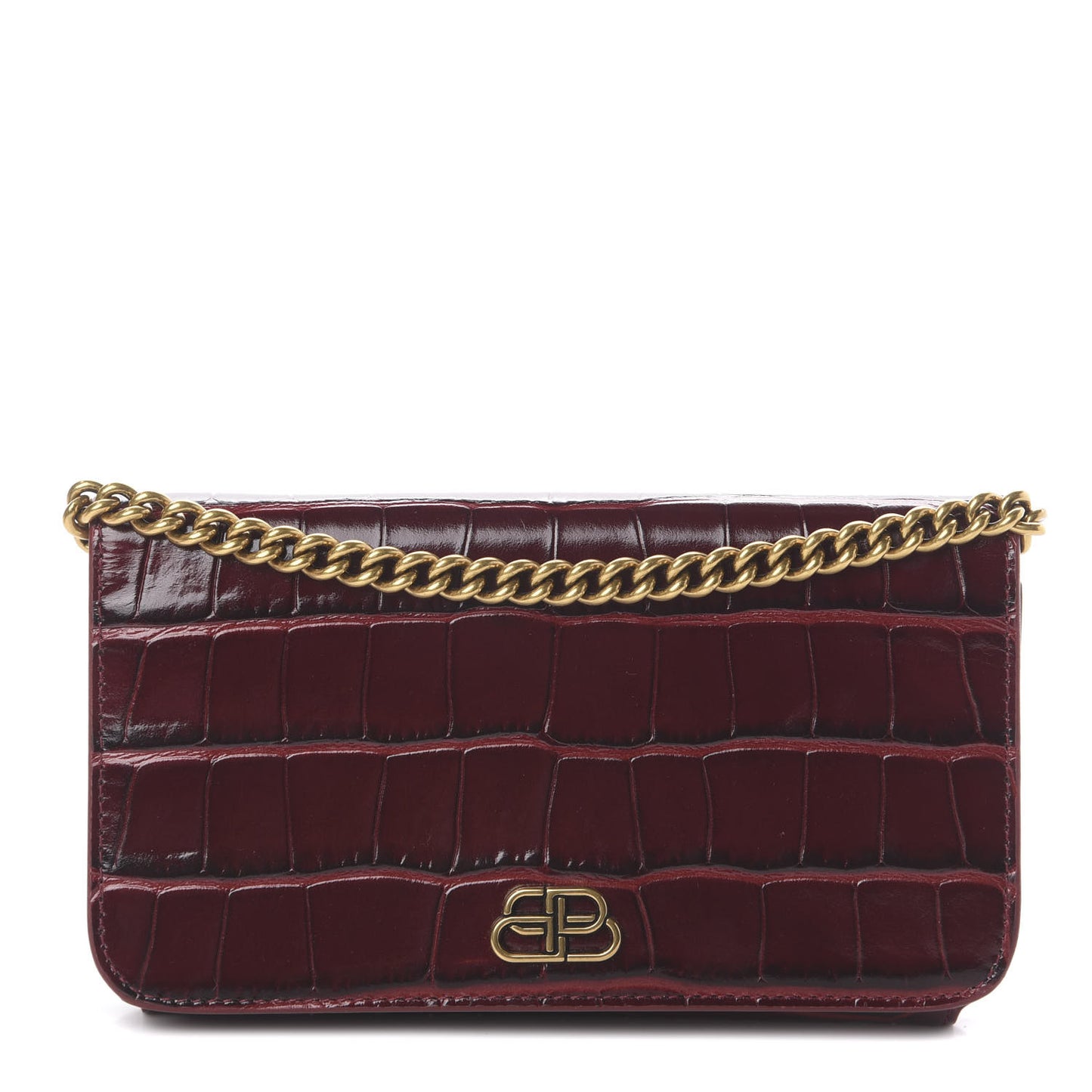 Shiny Calfskin Crocodile Embossed BB Phone Holder Wallet On Chain Dark Red