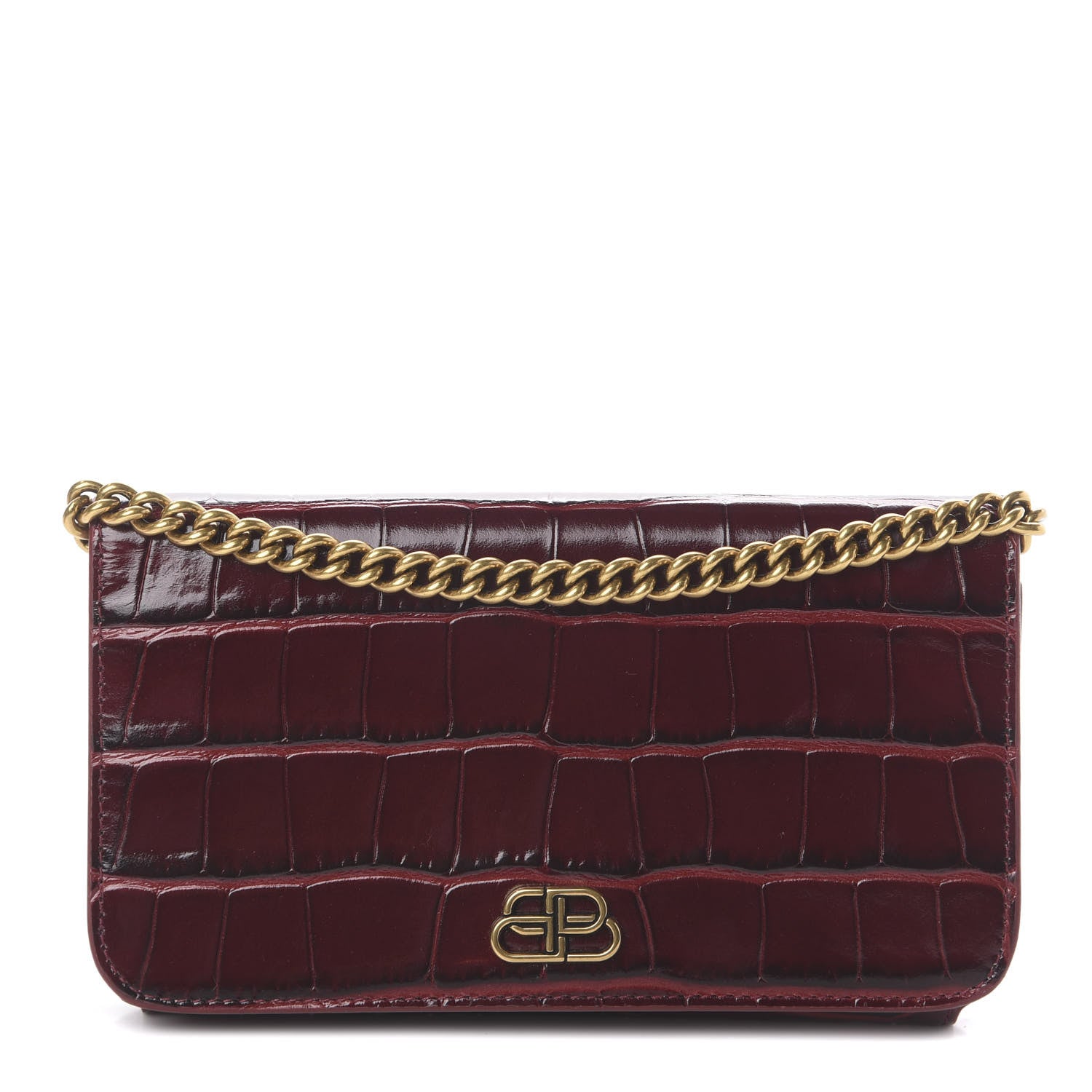 Balenciaga Shiny Calfskin Crocodile Embossed BB Phone Holder Wallet On Chain Dark Red 1 of 7