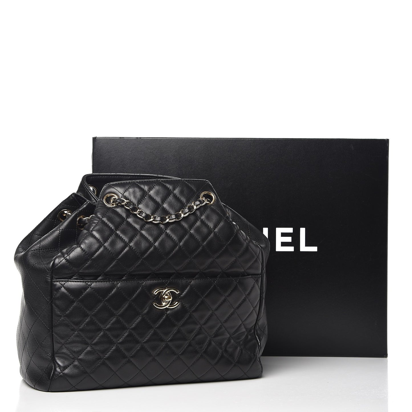 Lambskin Quilted Large Drawstring Bag Black