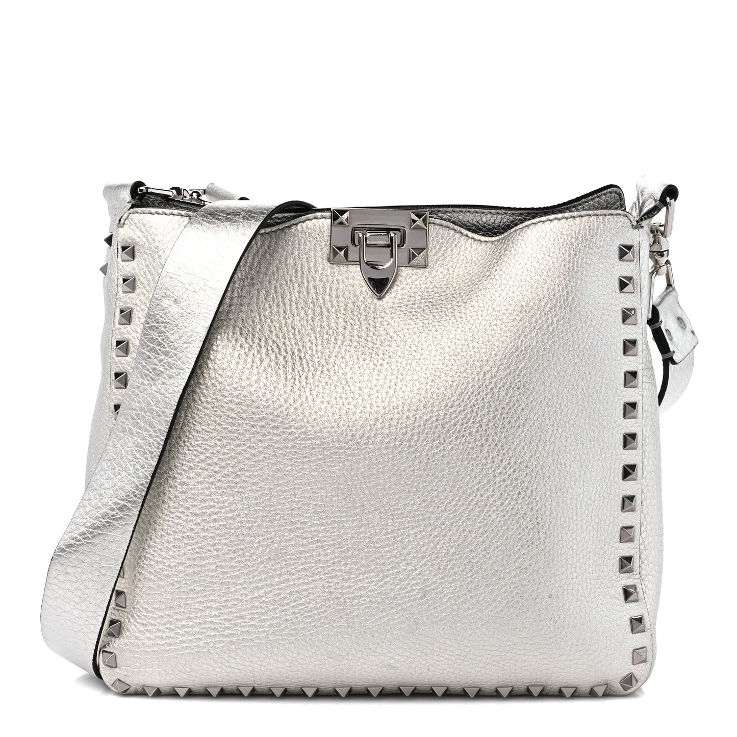 Metallic Pebbled Calfskin Small Rockstud Flip-Lock Messenger Bag Silver