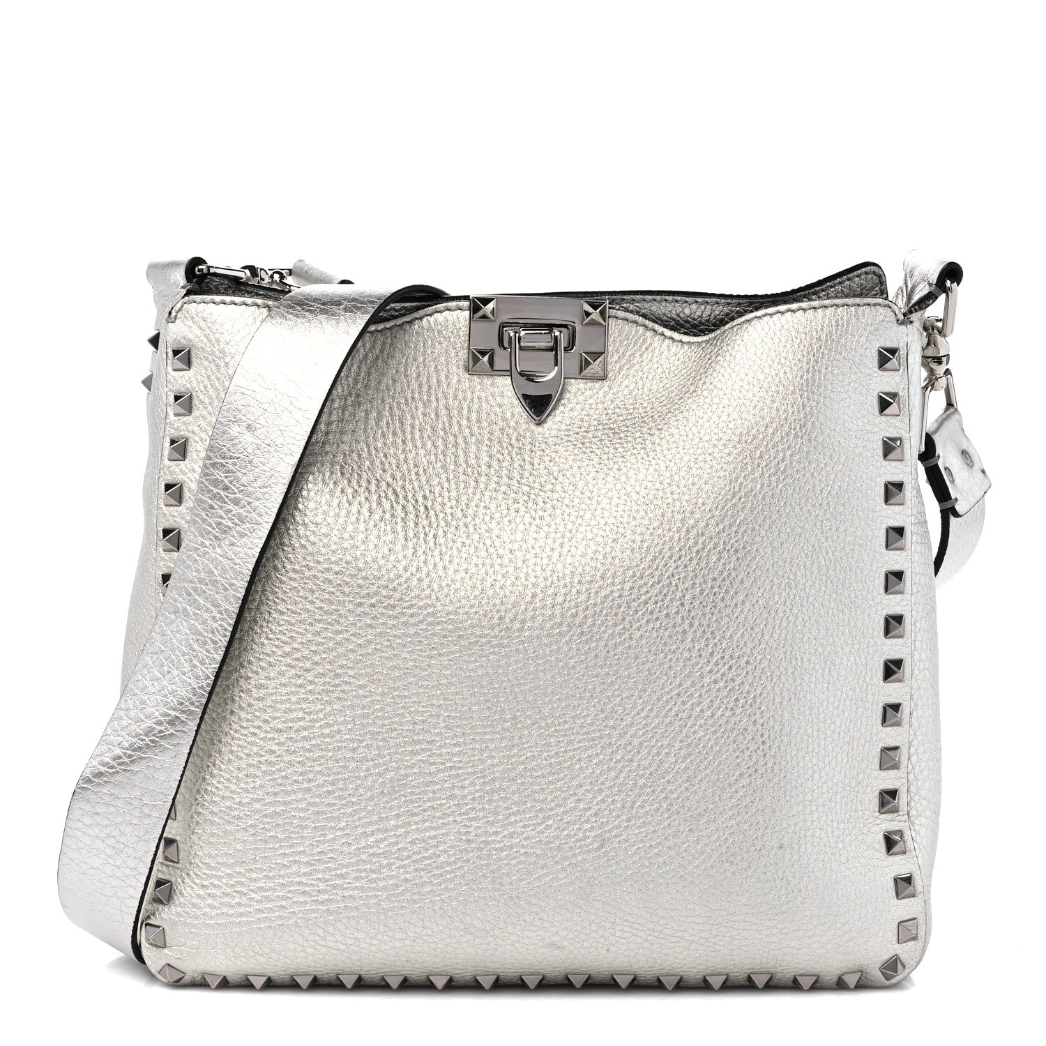 Valentino Garavani Metallic Pebbled Calfskin Small Rockstud Flip-Lock Messenger Bag Silver 1 of 12