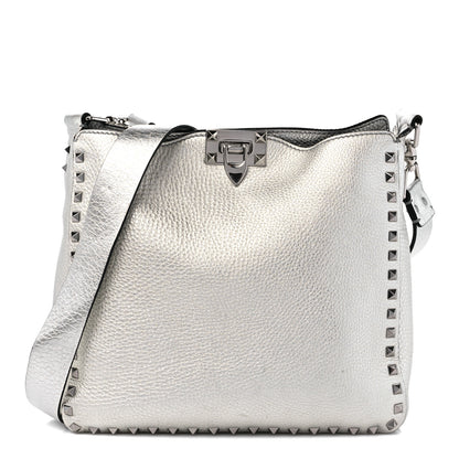 Valentino Garavani Metallic Pebbled Calfskin Small Rockstud Flip-Lock Messenger Bag Silver 1 of 12