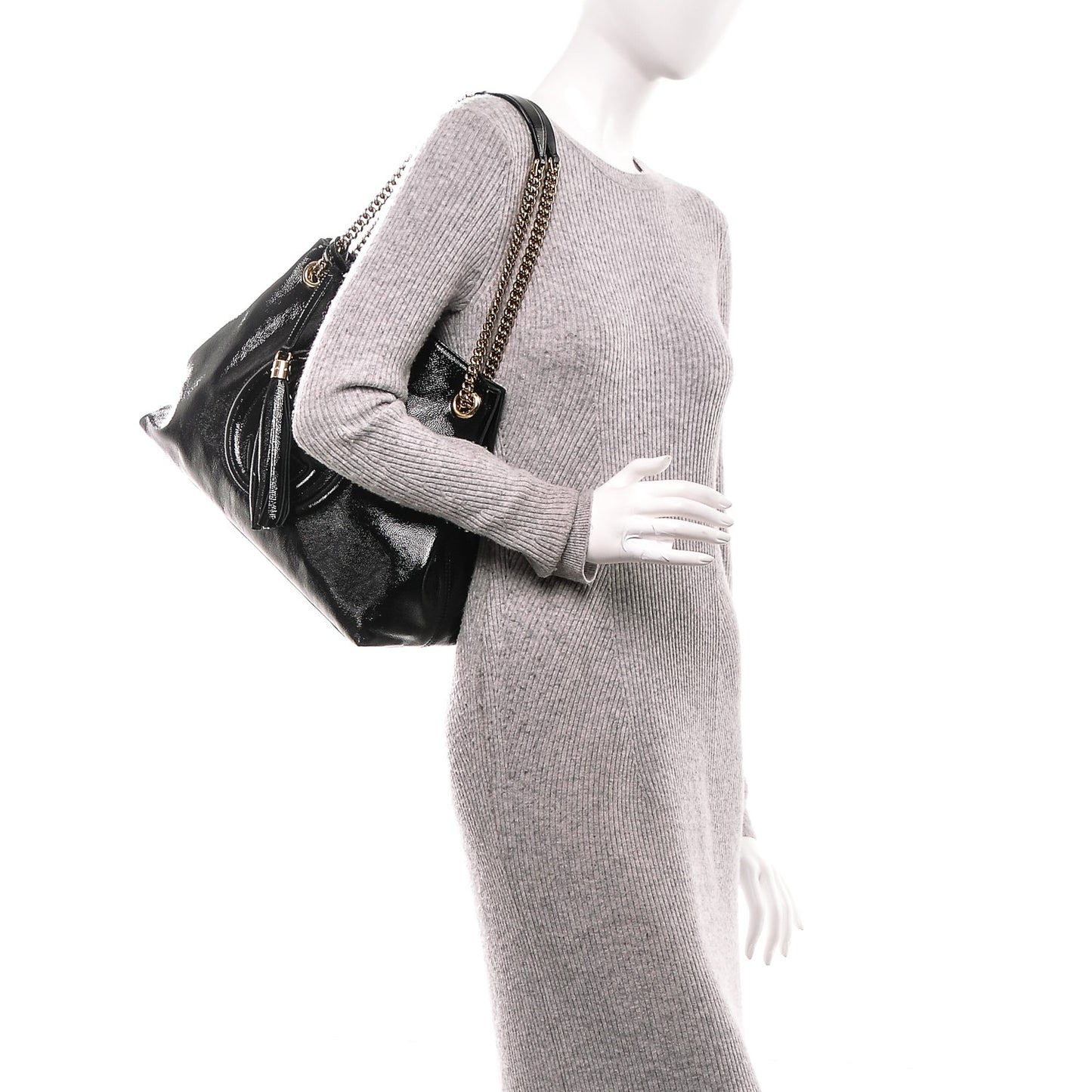Patent Medium Soho Chain Shoulder Bag Black