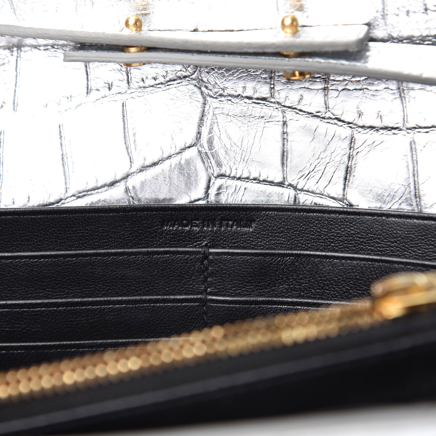Saint Laurent Calfskin Crocodile Embossed Monogram Chain Wallet Argento 9 of 9