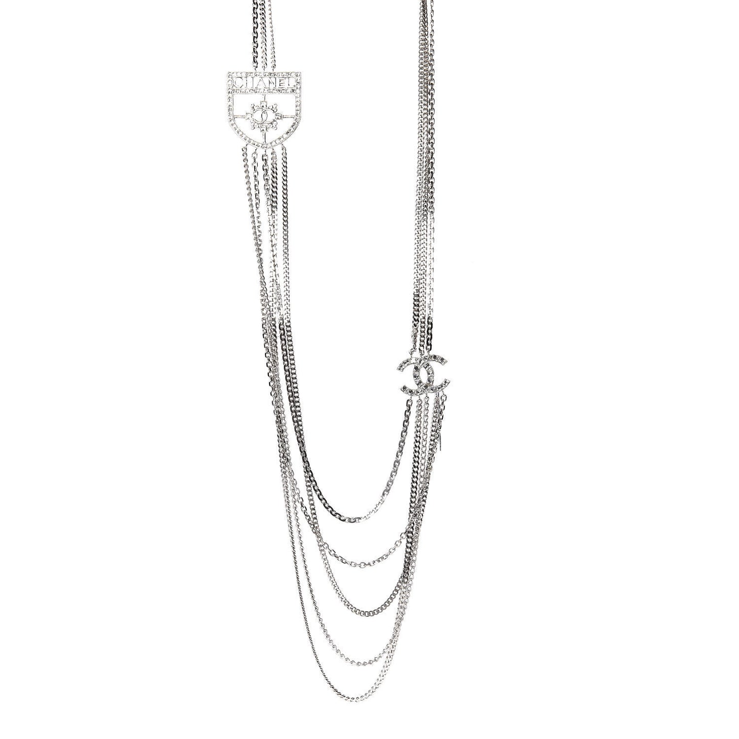 Baguette Crystal CC Shield Multi Strand Long Chain Necklace Silver