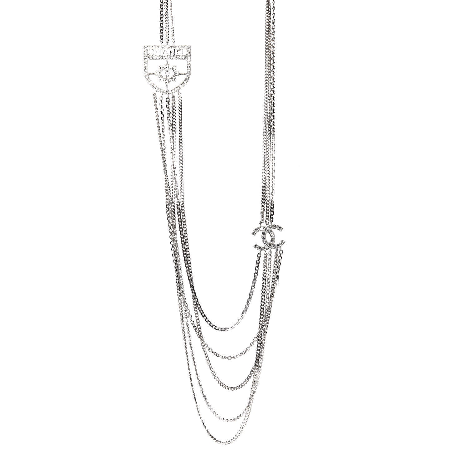 Chanel Baguette Crystal CC Shield Multi Strand Long Chain Necklace Silver 1 of 7