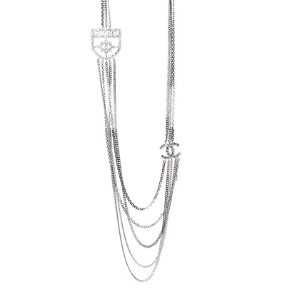 Chanel Baguette Crystal CC Shield Multi Strand Long Chain Necklace Silver 1 of 7