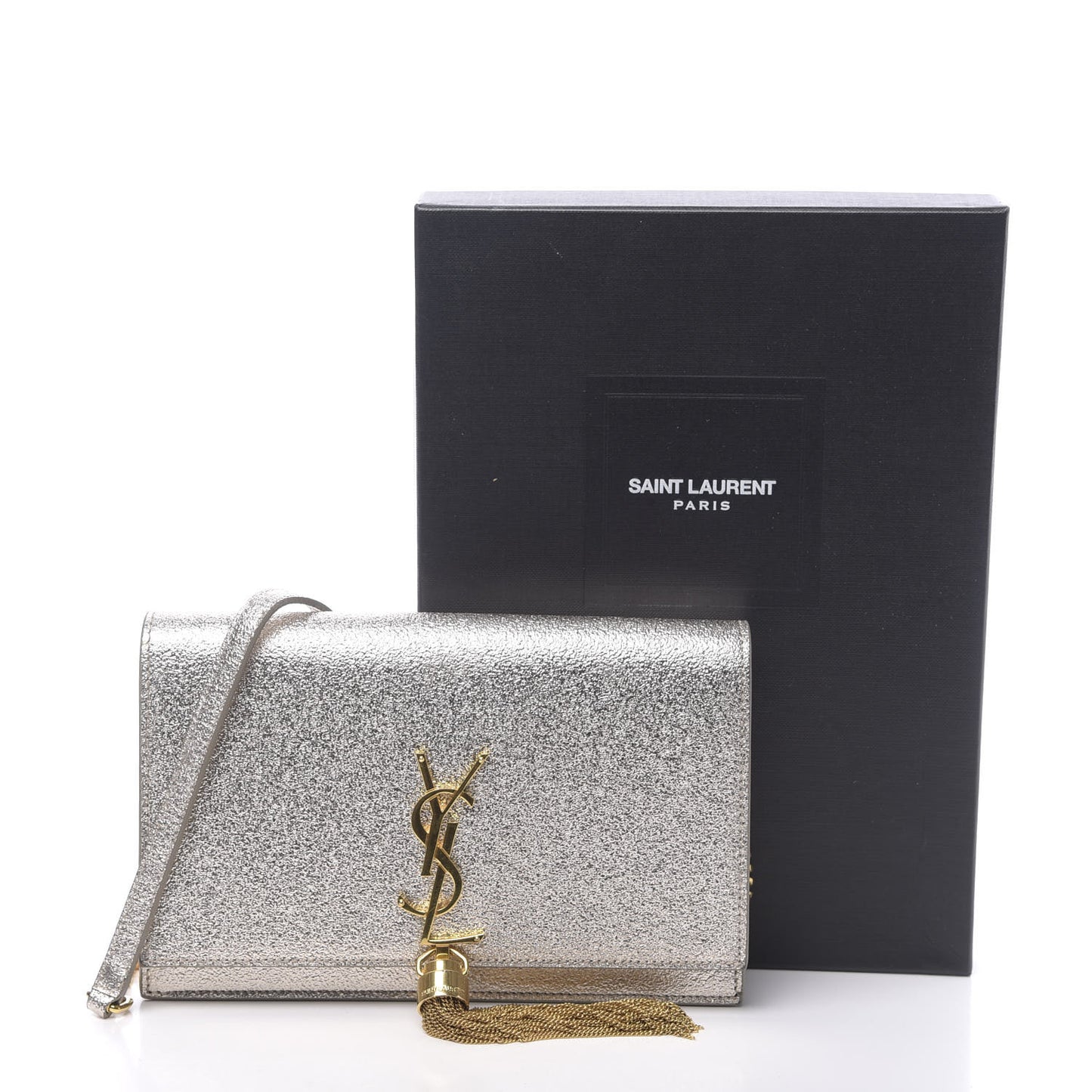 Metallic Calfskin Classic Monogram Kate Tassel Chain Wallet Platine