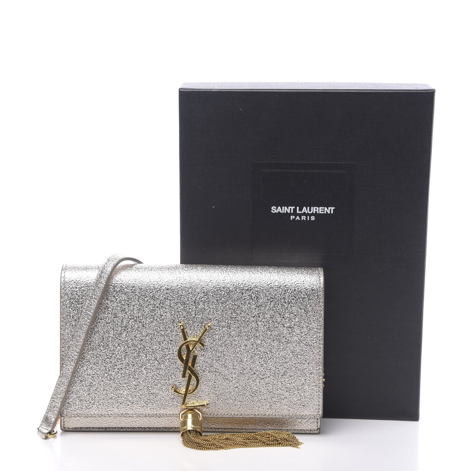 Saint Laurent Metallic Calfskin Classic Monogram Kate Tassel Chain Wallet Platine 12 of 12