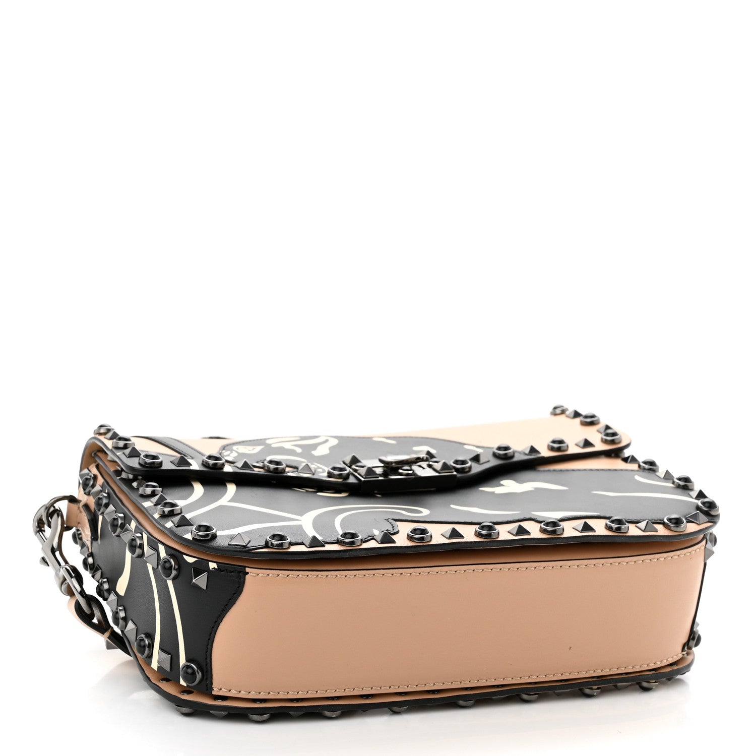 Valentino Garavani Calfskin Panther Medium Guitar Strap Rockstud Rolling Flap Saddle Bag Beige Black 3 of 9
