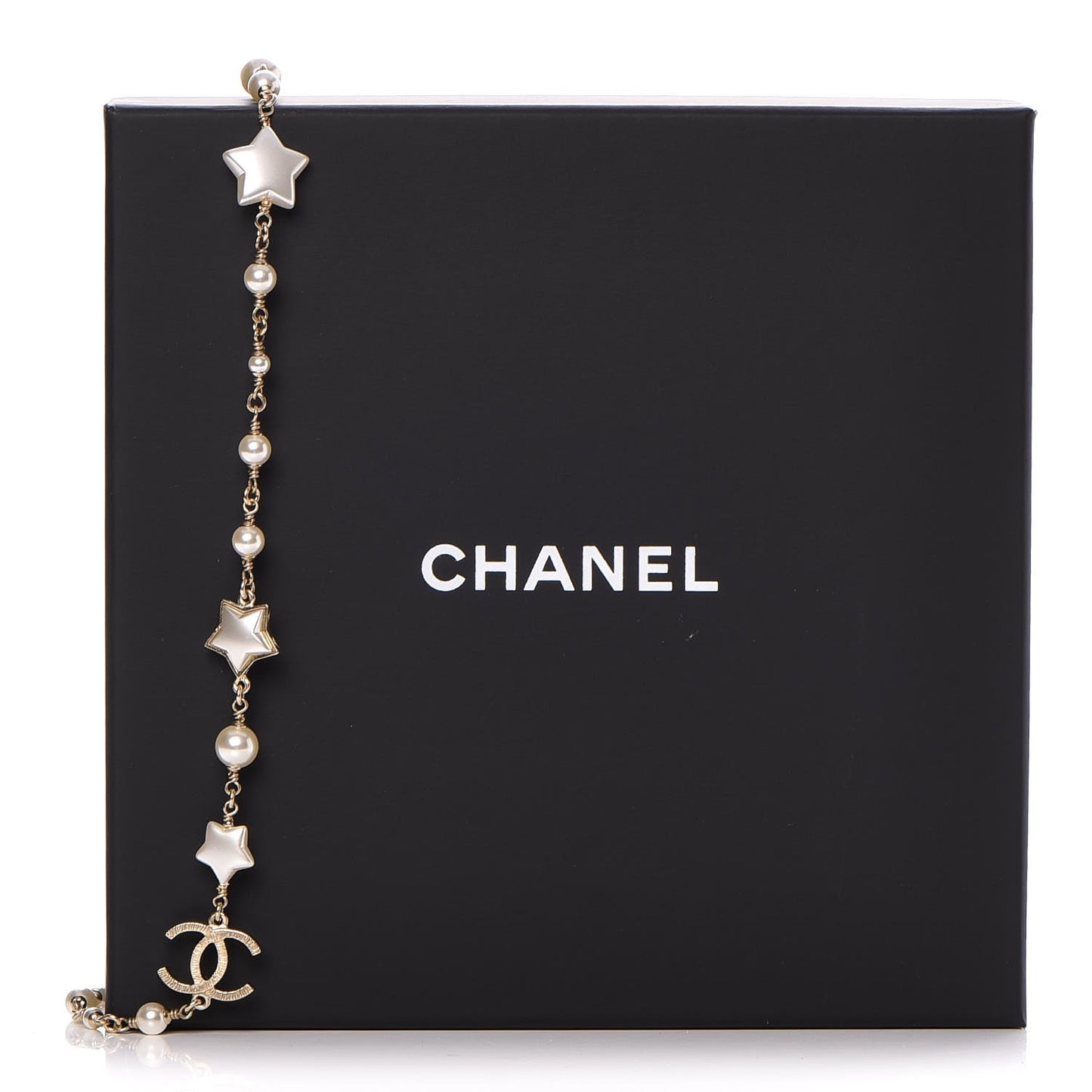 Metal Resin Pearl Star CC Necklace Gold