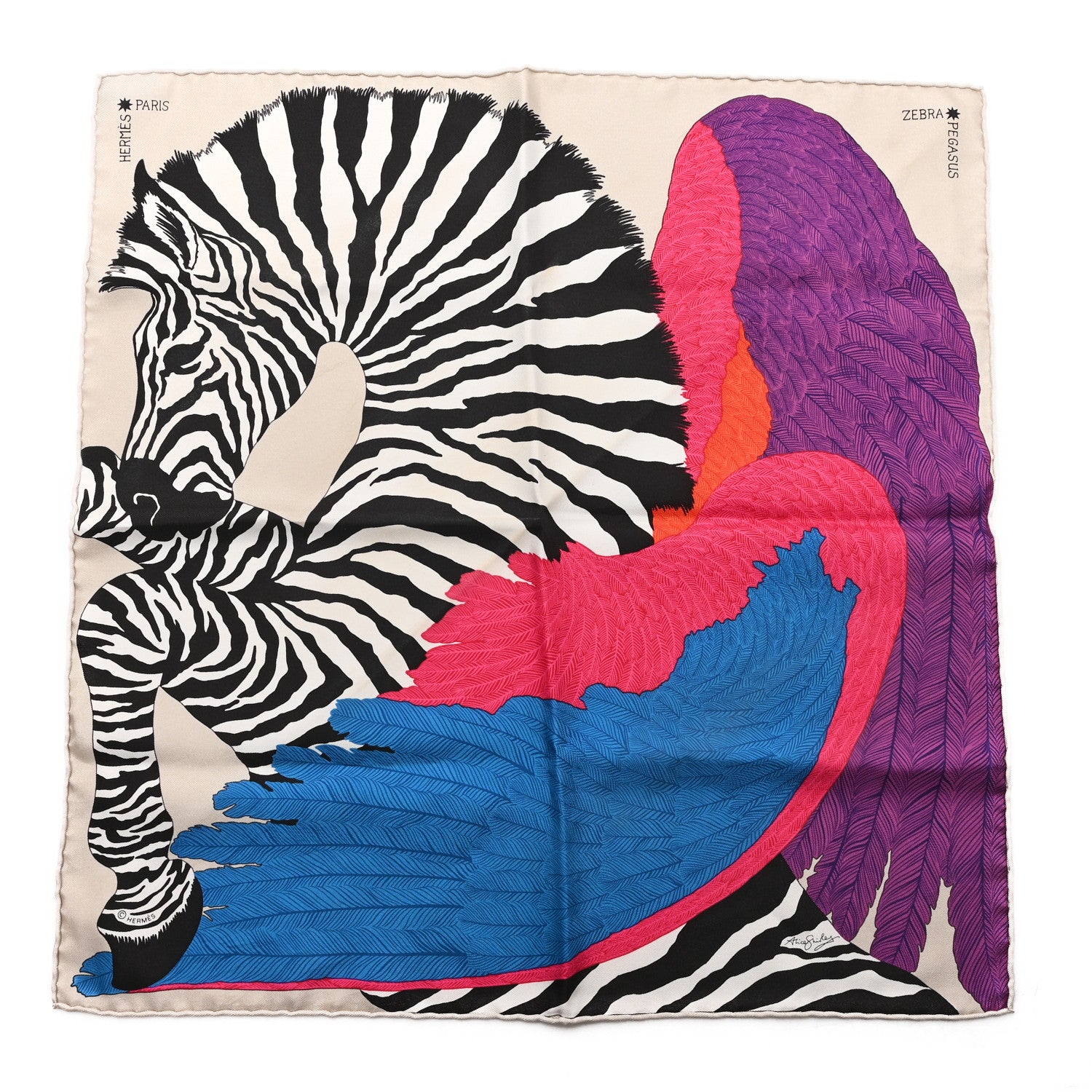 Hermes Silk Carre Zebra Pegasus Pocket Square 45 Gris Bleu Violet Black White 1 of 3