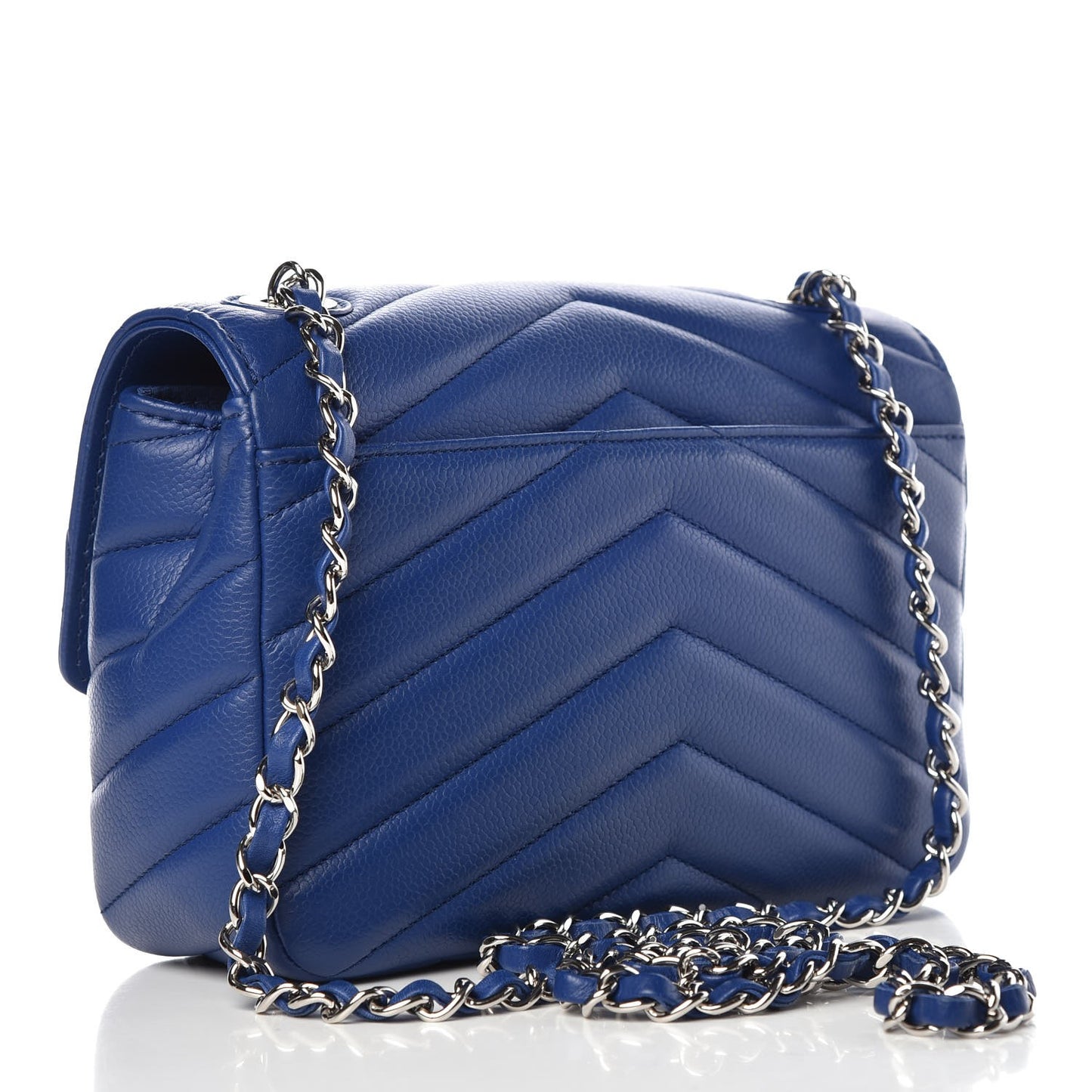 Caviar Chevron Quilted Medium Single Flap Blue