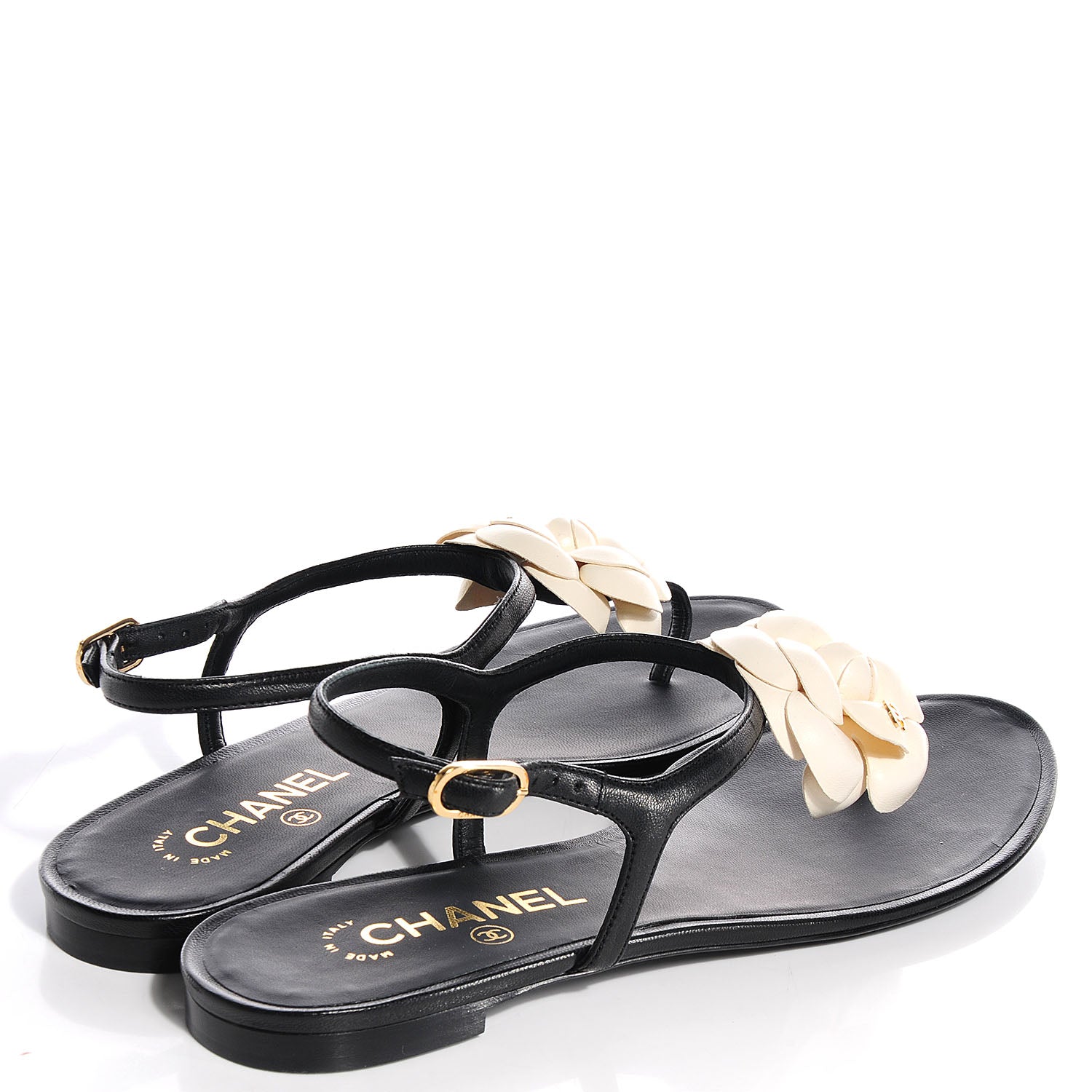 Chanel Lambskin Camellia Thong Sandals 40 Black White 4 of 7