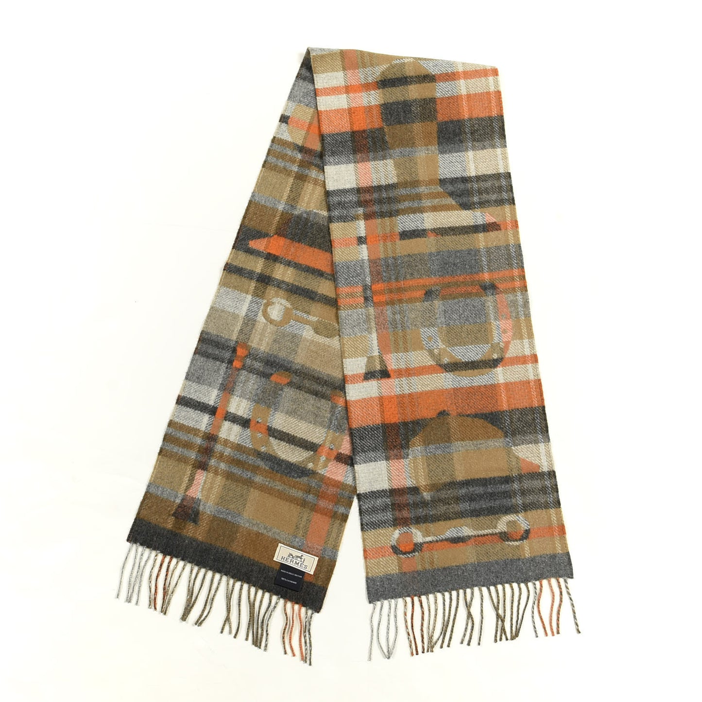 Cashmere HER-MES Tartan Muffler Camel Beige Orange Gris
