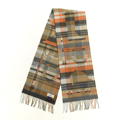Hermes Cashmere HER-MES Tartan Muffler Camel Beige Orange Gris 2 of 3