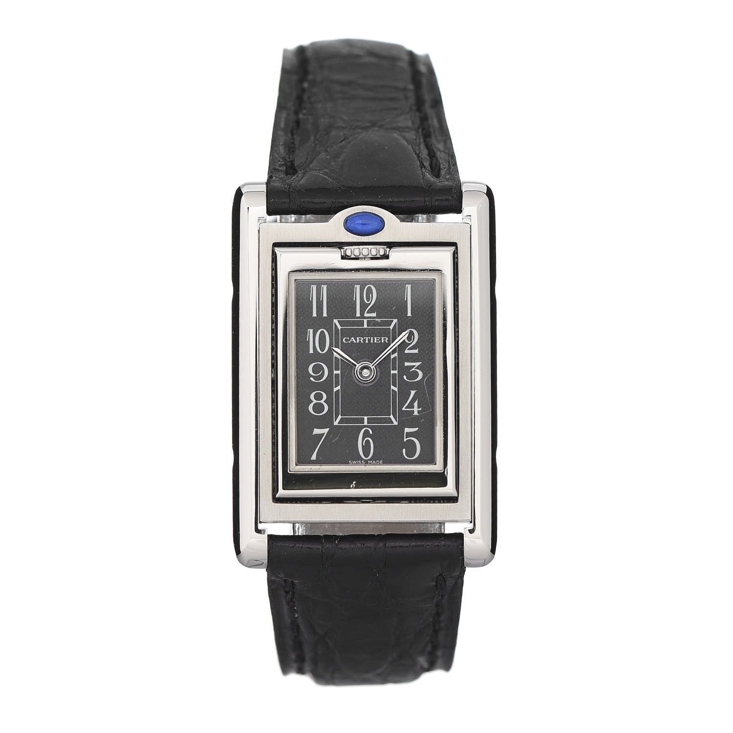 Cartier Stainless Steel Alligator 22mm Tank Basculante Quartz Watch Black 1 of 6