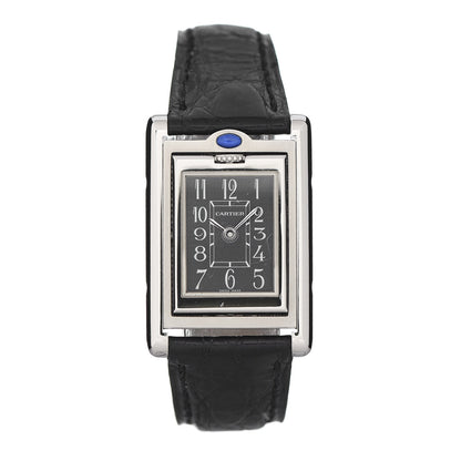Cartier Stainless Steel Alligator 22mm Tank Basculante Quartz Watch Black 1 of 6