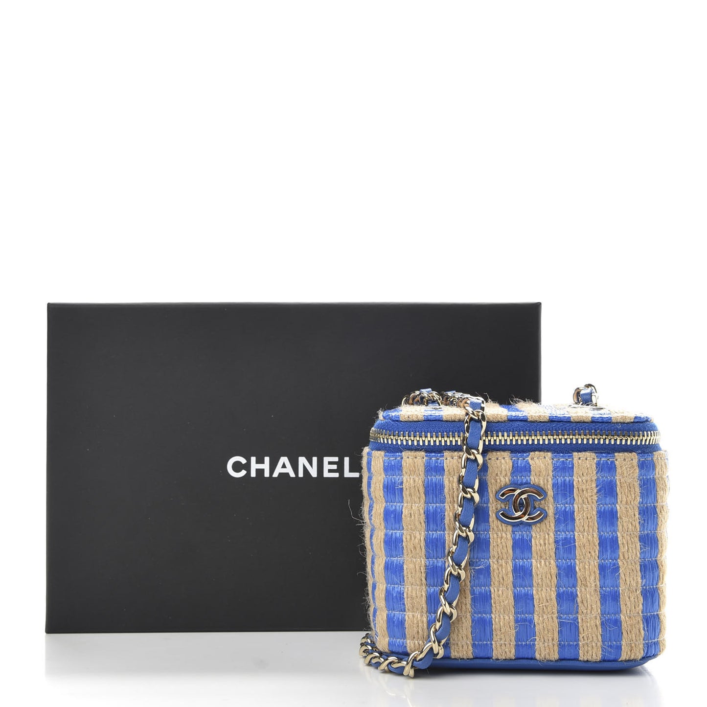 Raffia Jute Striped Mini Vanity Case With Chain Blue Beige